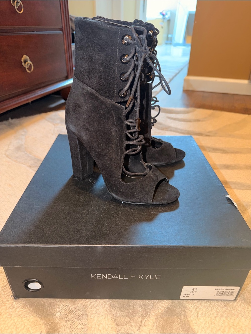 Kendall & Kylie Black Suede Lace-Up Peep Toe Block Heel Boots